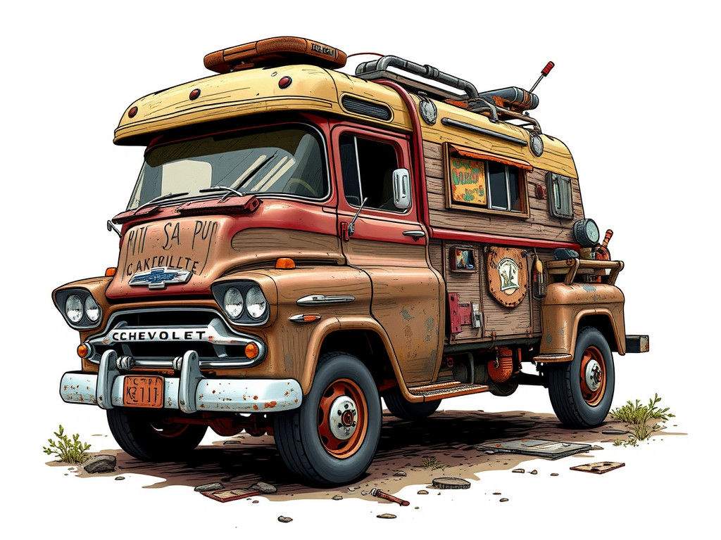 Whimsical Campervan on Chevy Truck in Ink-Wash Style