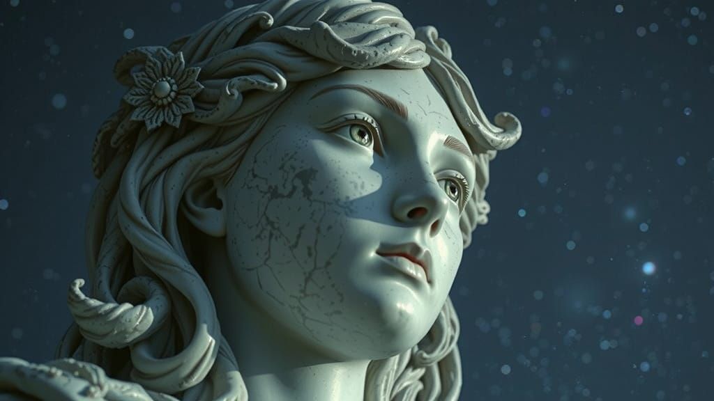 Moonstone Lady Sculpture Under Starry Sky in Oil Paint Style