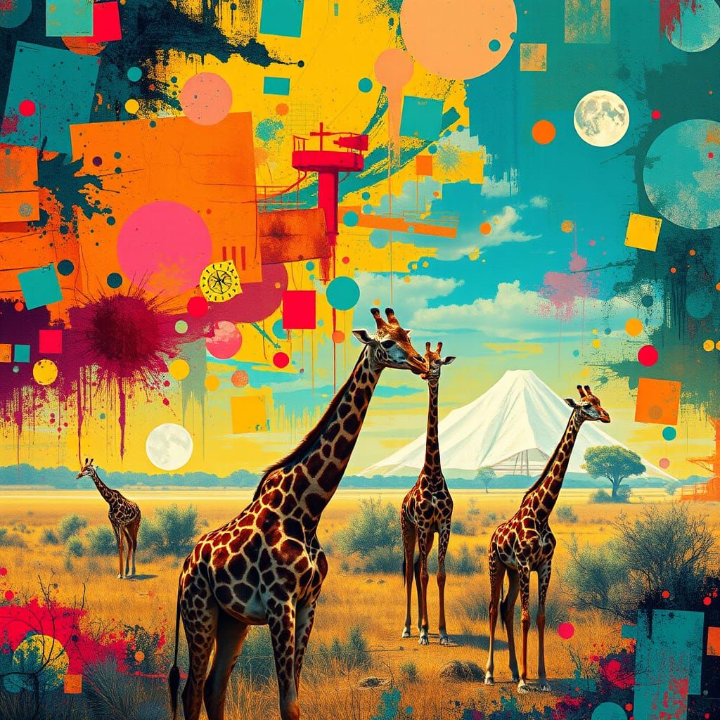 Surreal Country Landscape with Giraffes in Vibrant Abstracti...