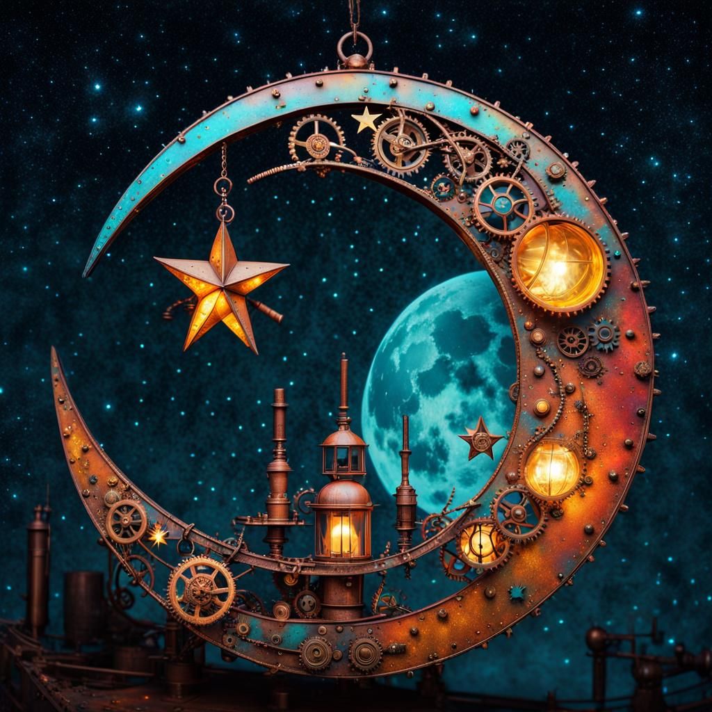 A giant colourful rusty crescent moon with intricate, unique, and whimsical details, hanging stars and sparkling lights....