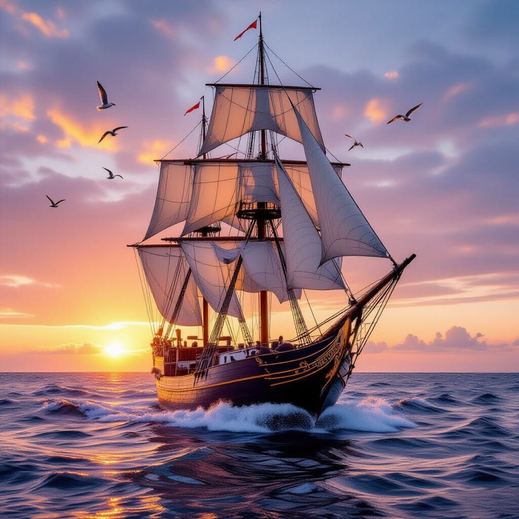 Majestic Tall Ship at Dawn, Hyperrealistic Photography