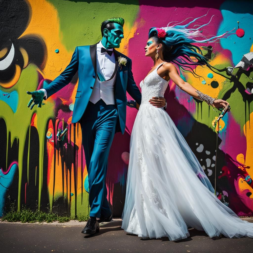 Graffiti Art: Frankenstein's Monster and Bride at Prom