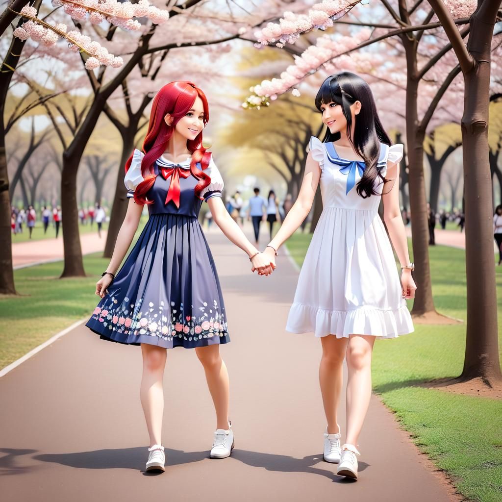 Anime Girls Strolling in Park on Spring Day