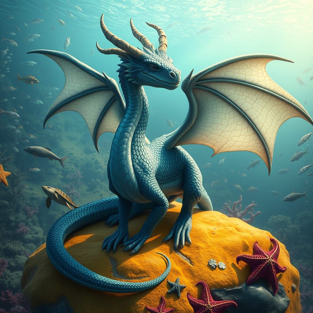 Realistic Water Dragon on Ocean Floor in Vibrant Aquatic Sce...