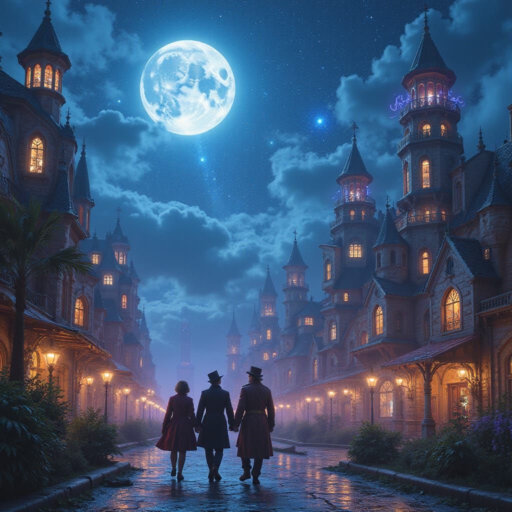 Steampunk Travelers Explore Futuristic Village Under Starry ...