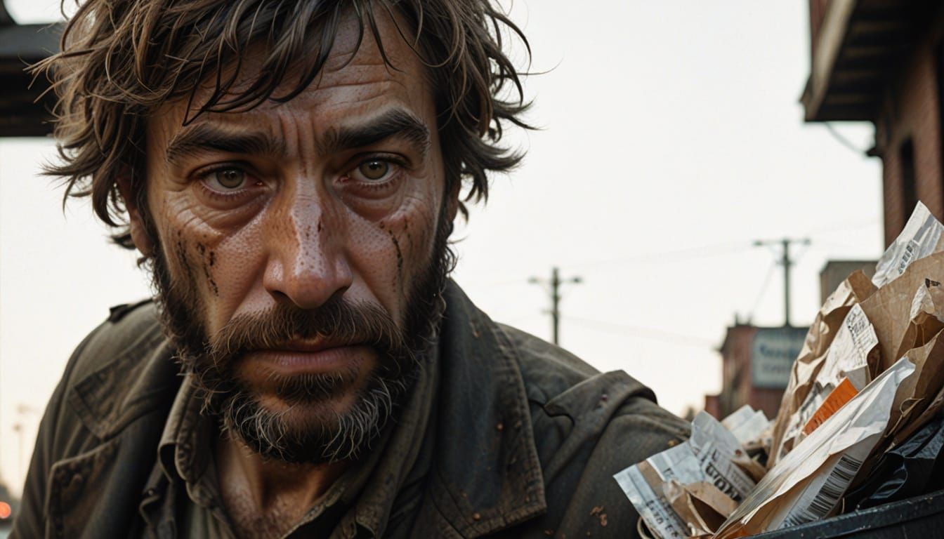 Homeless Man in Despair, Hyper-Realistic Portrait