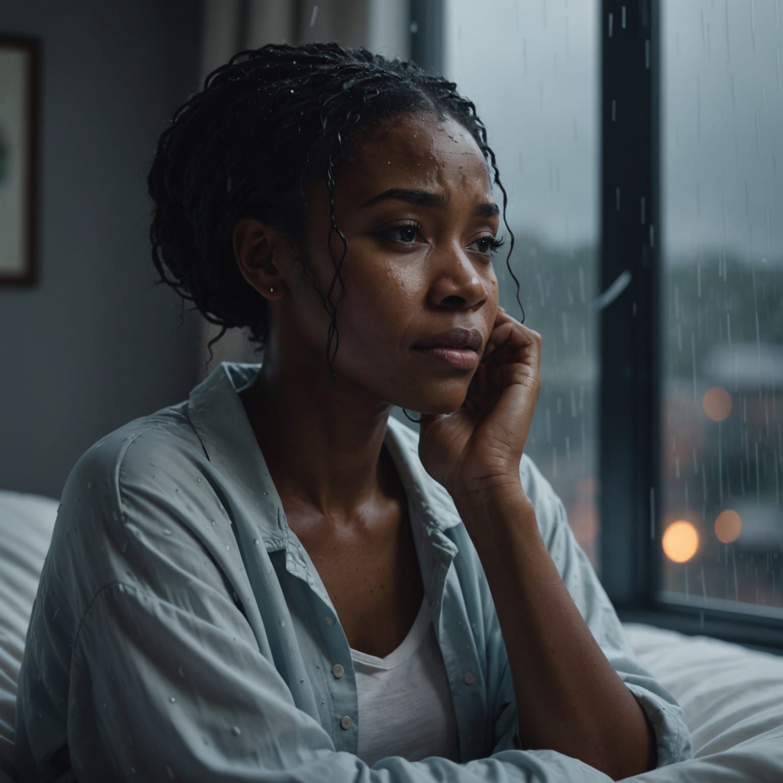 Sad Woman Crying in Bed on Rainy Day