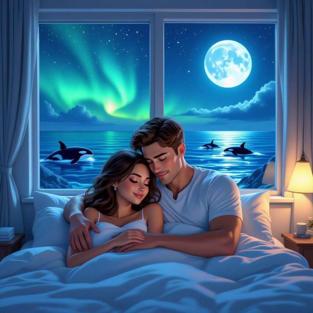 Couple Snuggles in Bed with Celestial Sea View