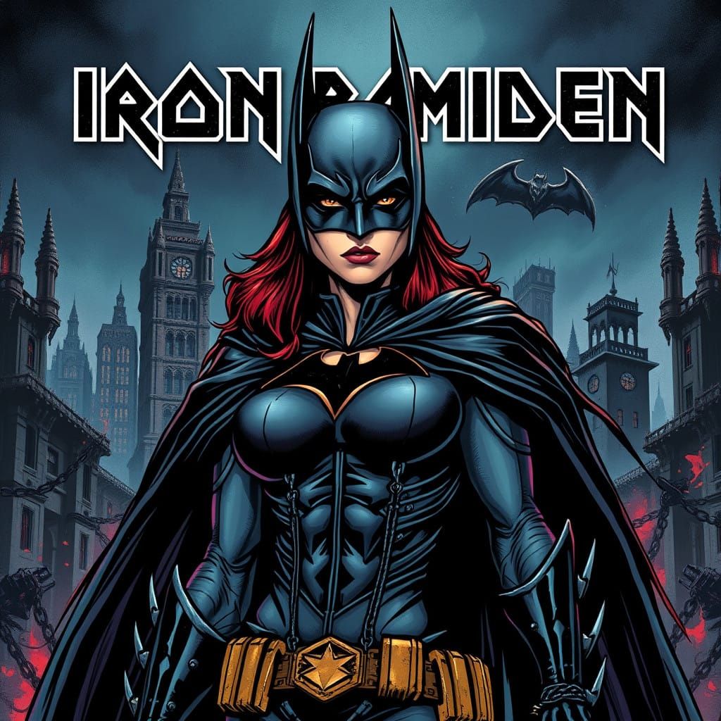 Dark Gothem Cityscape with Female Batman, Inspired by Iron M...
