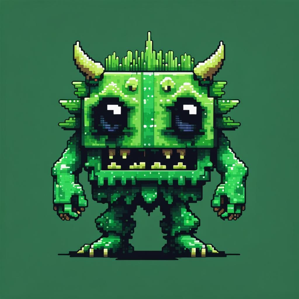 Cartoonish One-Eyed Green Monster in 8-bit Pixel Art