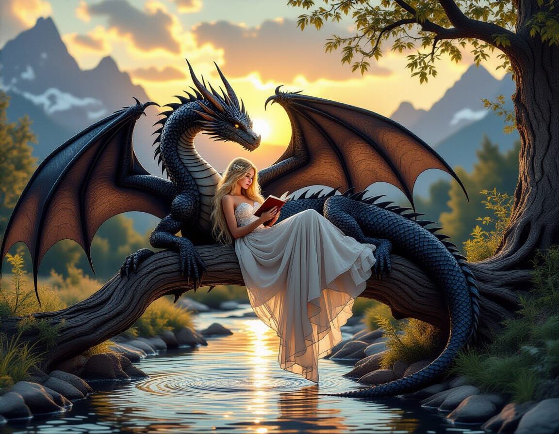 Dragon and Woman Reading: Surreal Digital Art