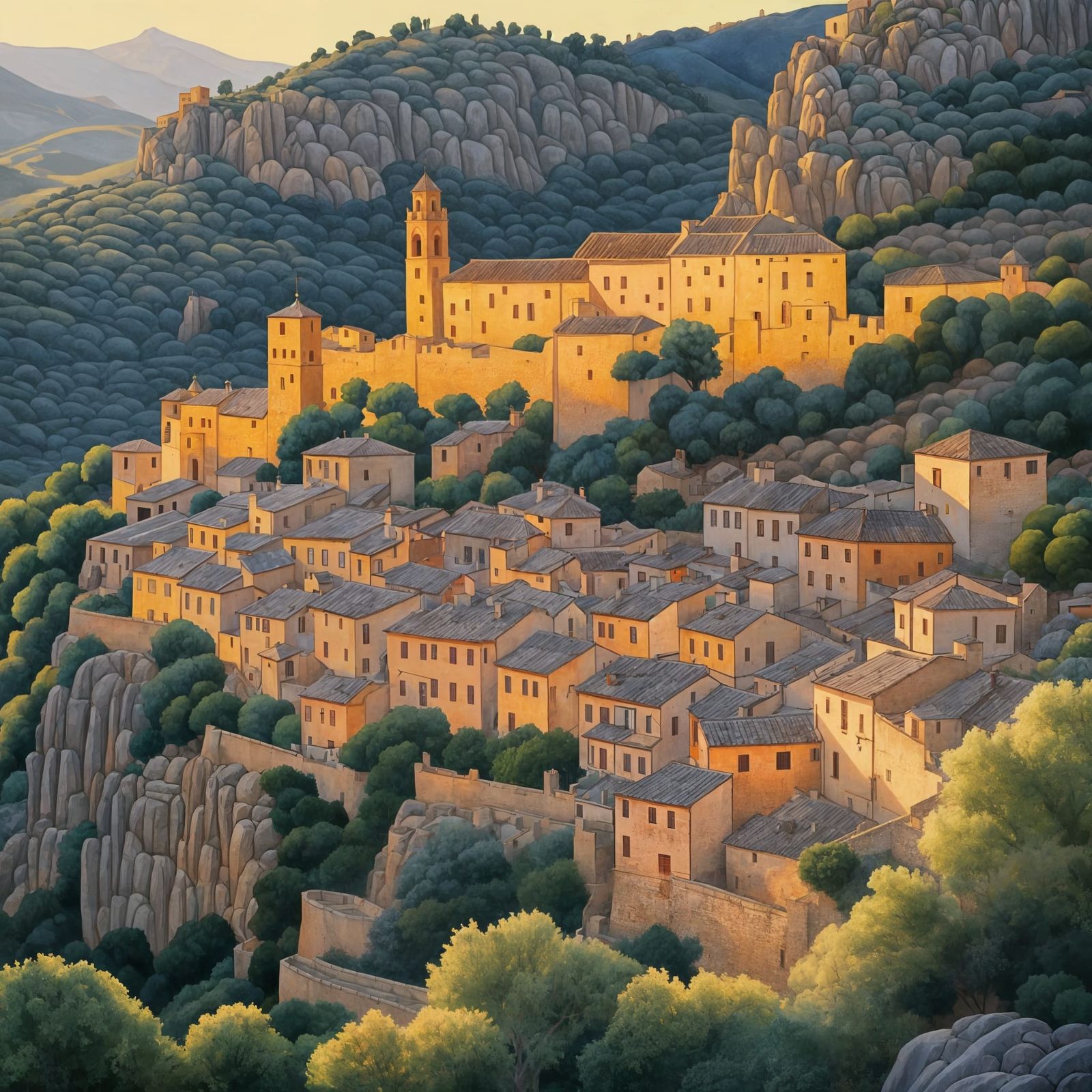 Medieval Spanish Village at Magic Hour in Vibrant Gouache