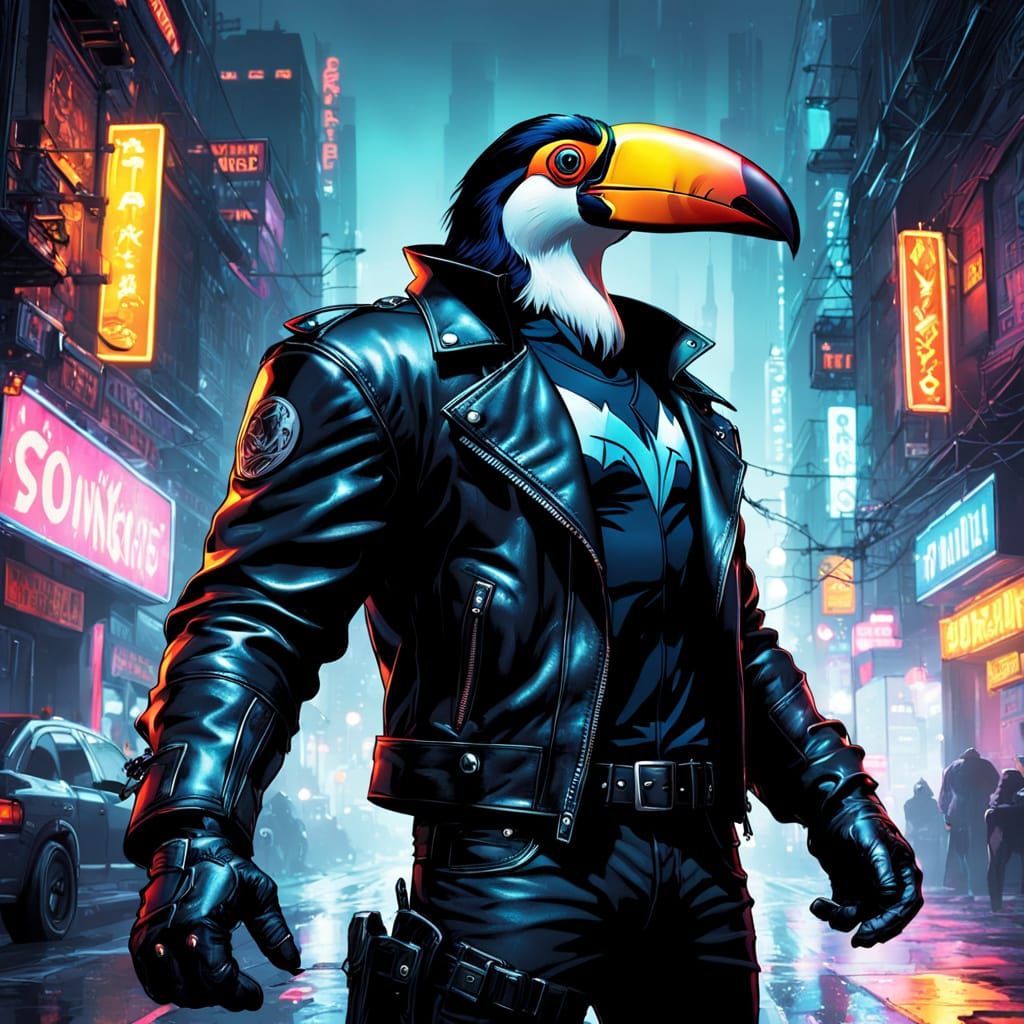 Anthropomorphic Toucan in Neon Cityscape Comic Book Art