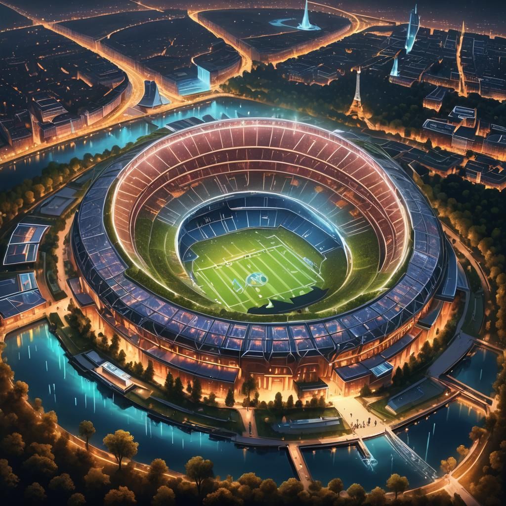 Futuristic World Cup Stadium with Ancient Wonders