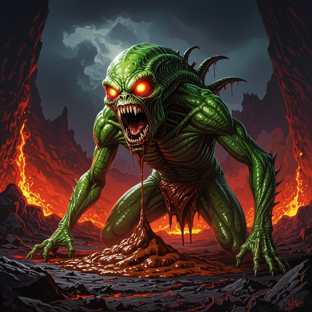 Grotesque Alien Screaming in Volcanic Landscape