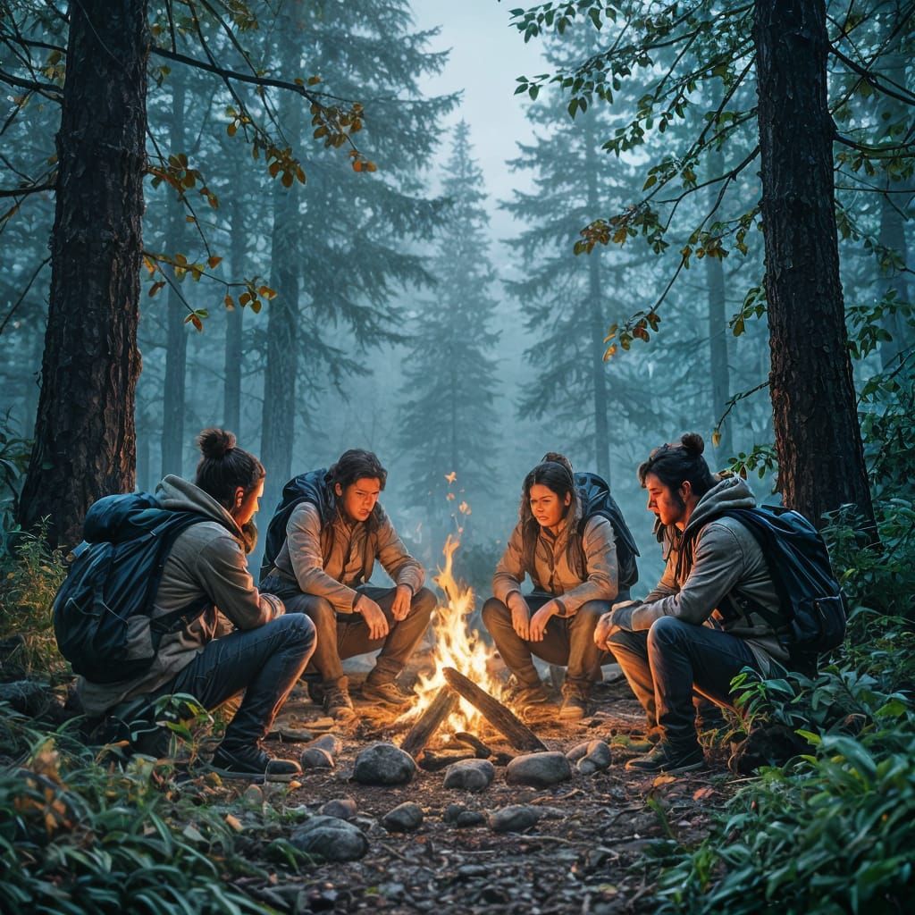 Hyperrealistic Photo of Campers Around a Campfire