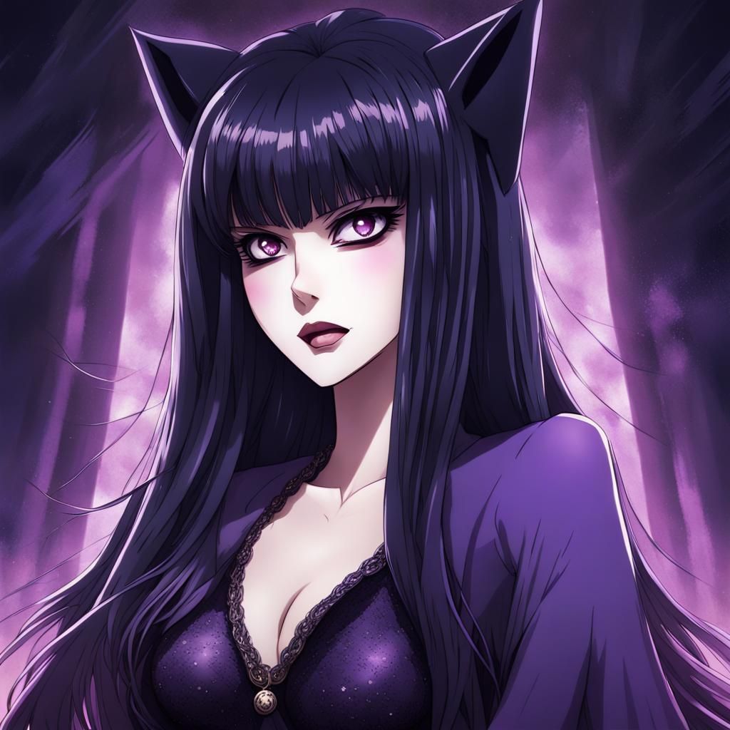Photo portrait the most epic  Elvira, as an absolutely stereotypical epic icon wearing deep dark violet light dress, Ult...