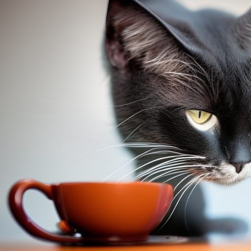 Black Cat Drinks Coffee: Professional Portrait