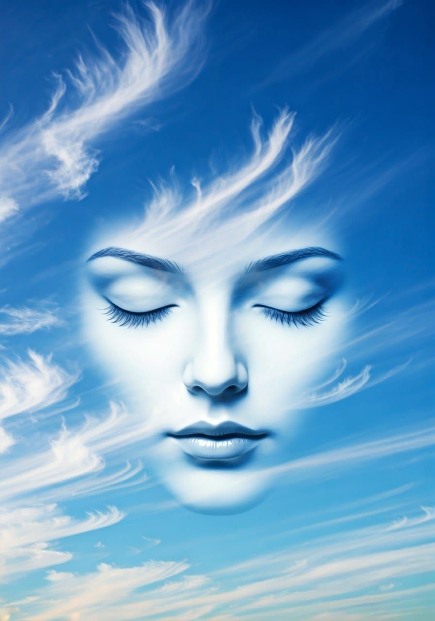 Woman's Face Emerges from Cirrus Clouds in a Brilliant Blue ...