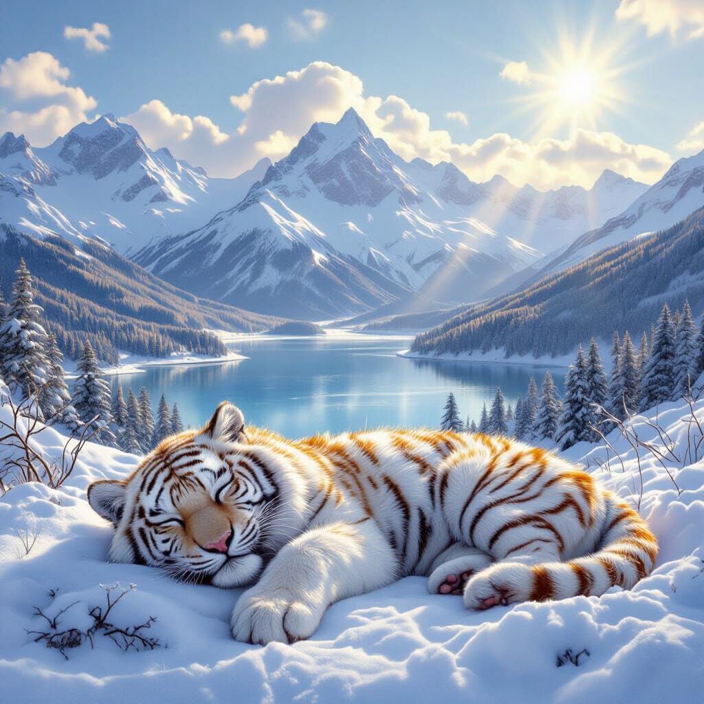 Adorable Arctic Tiger Sleeps in Majestic Mountain Landscape