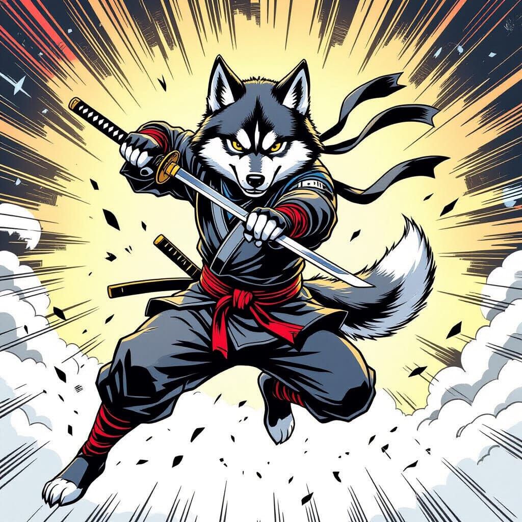 Anthropomorphic Husky Ninja in Comic Book Style