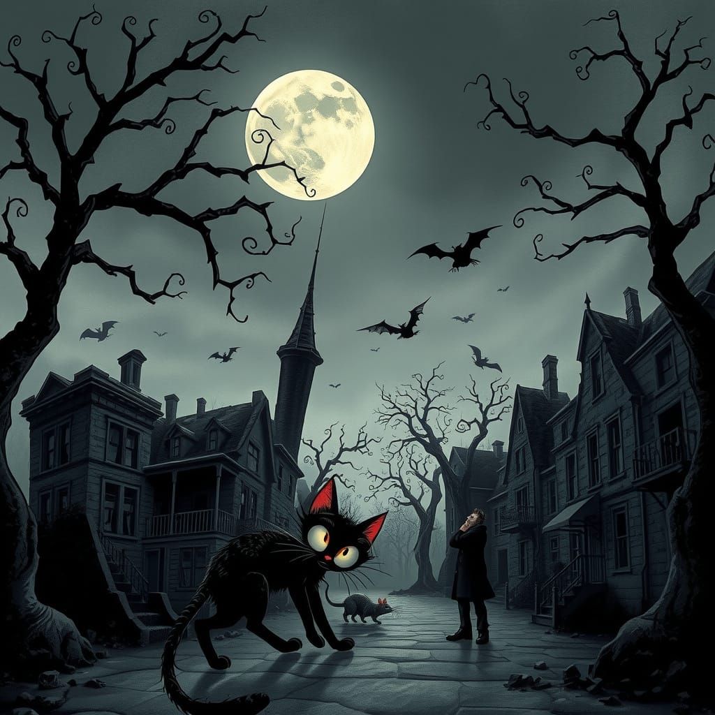 Gothic Cityscape in Tim Burton Style with Curious Cat