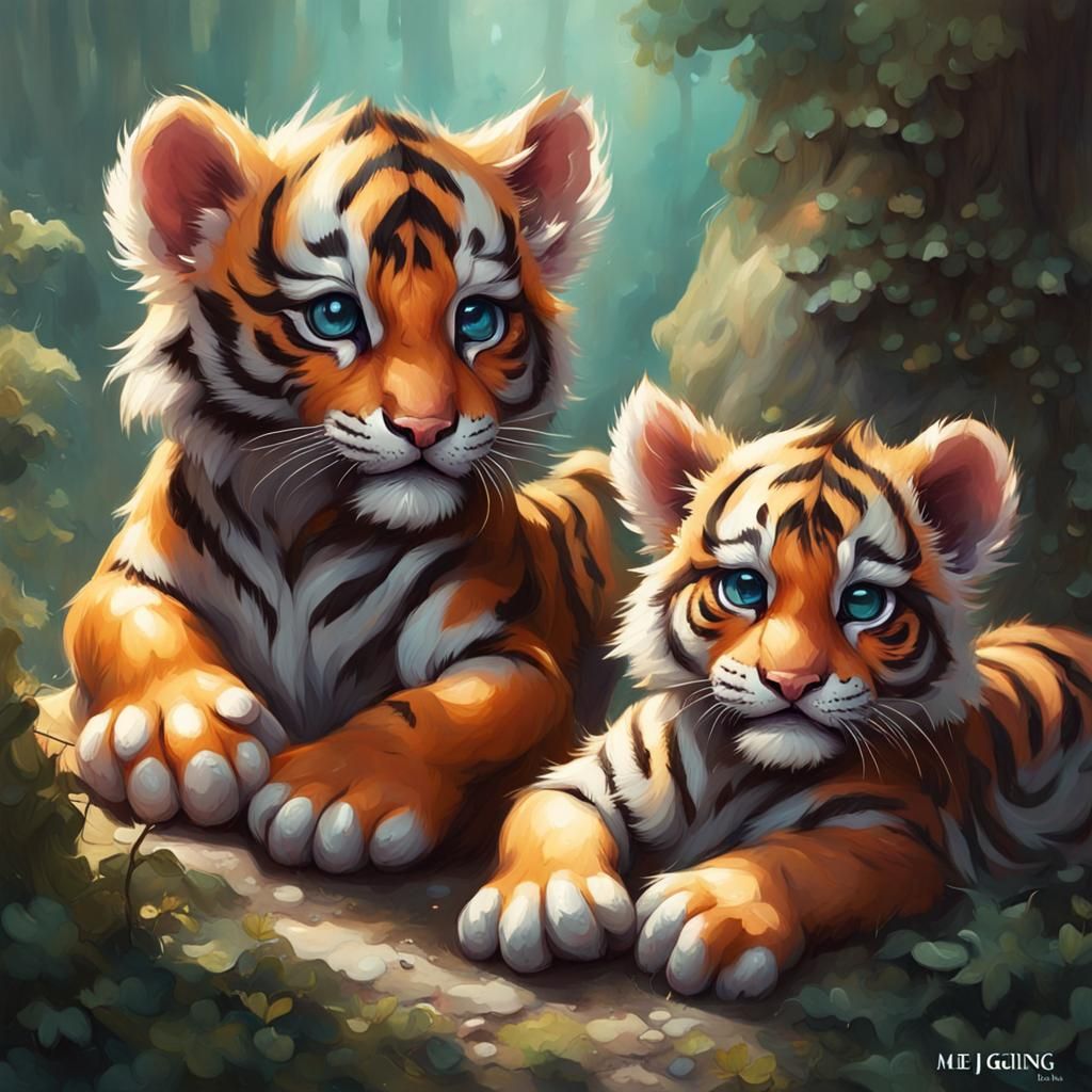 Vibrant Tiger Cubs in Fantasy Painting Style