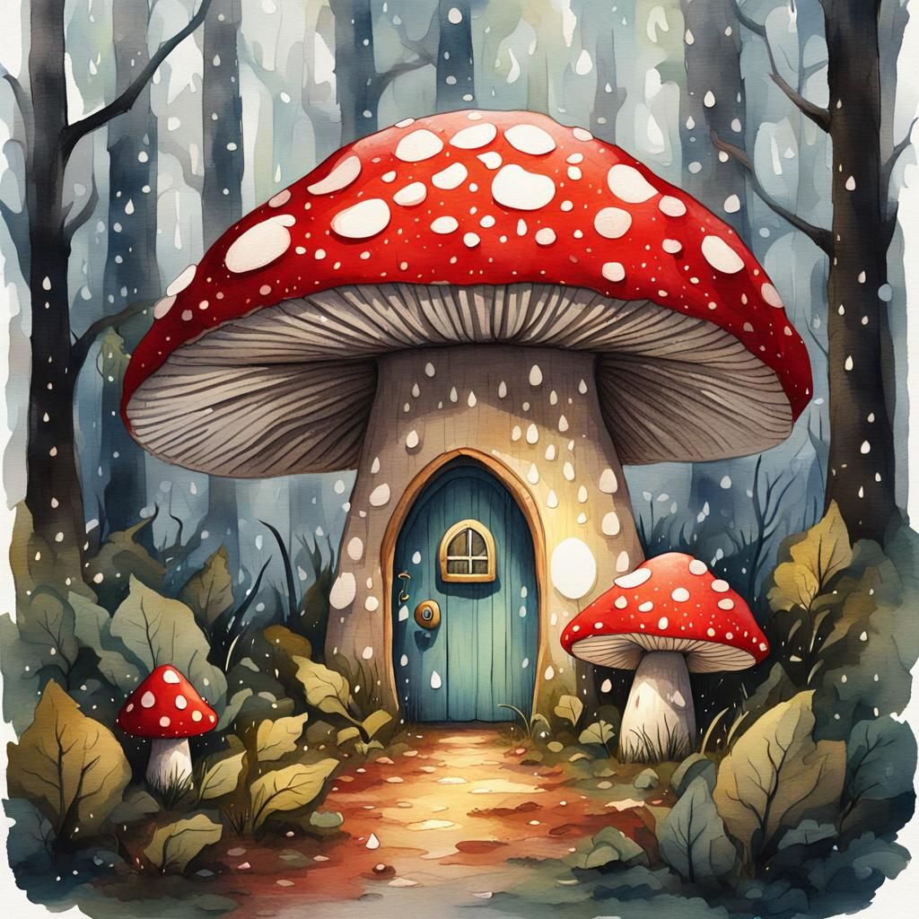 Whimsical Mushroom Home in Rainy Forest, Watercolor Style