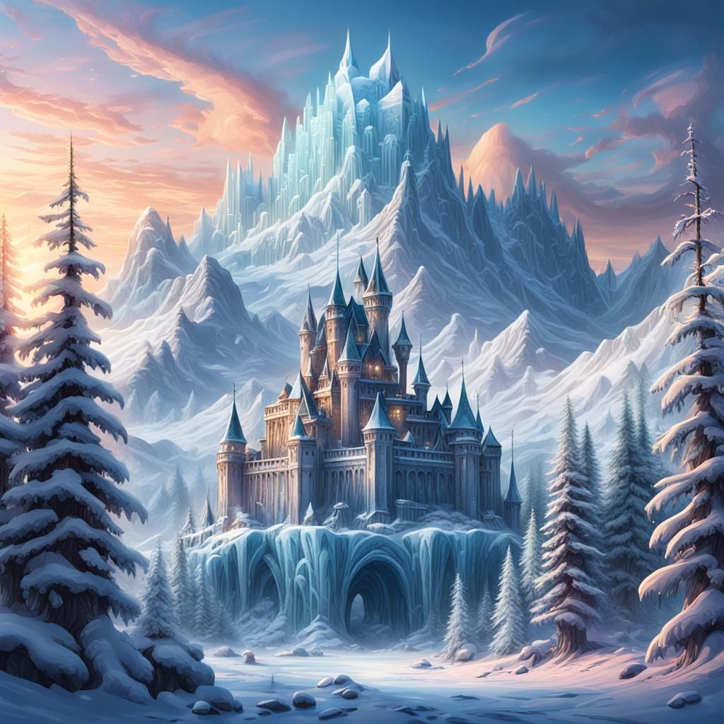 Majestic Ice Palace in Winter Landscape: Digital Art