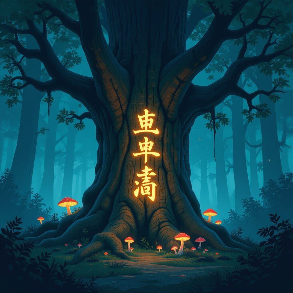 Bioluminescent Tree with Ancient Logogram