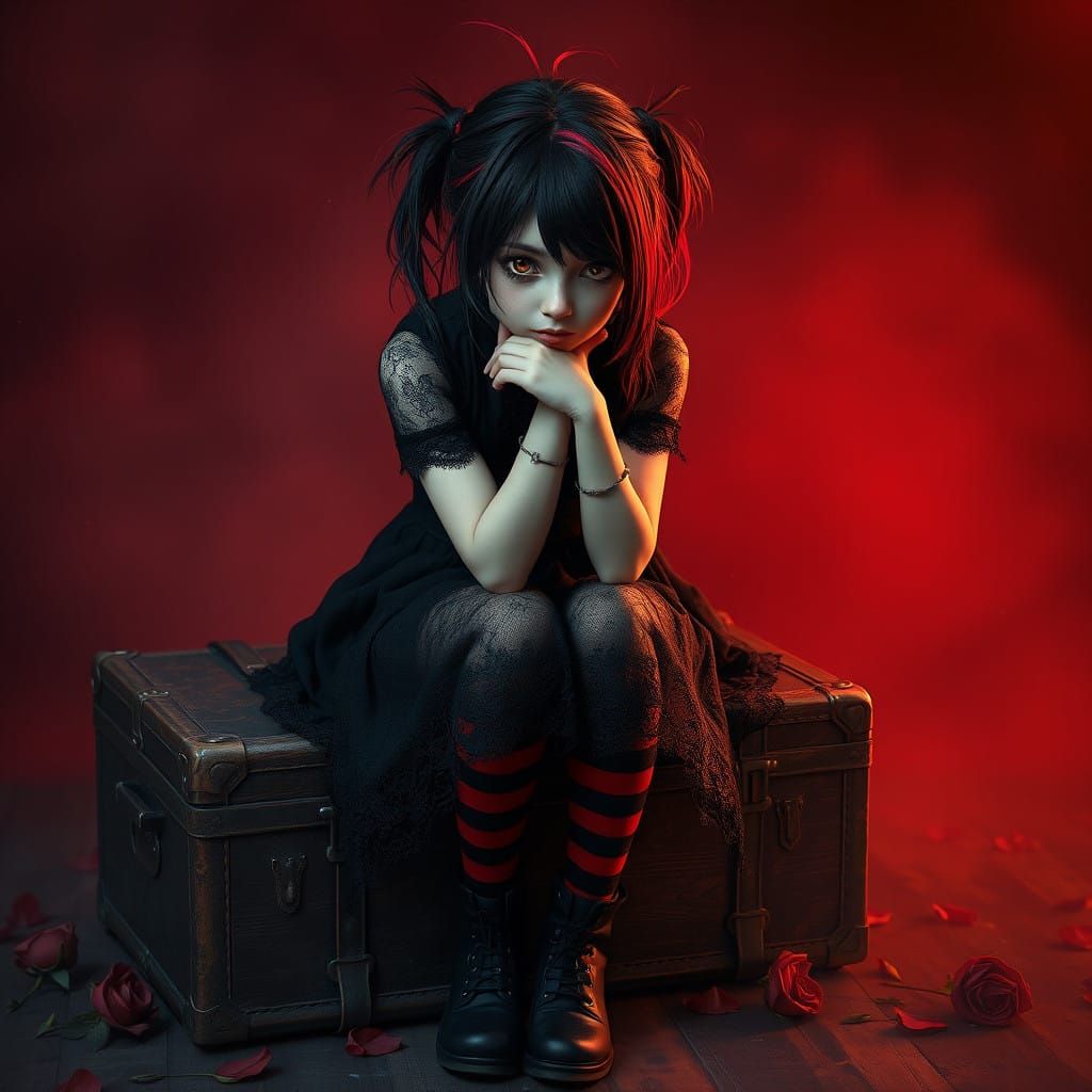"A shimmering struggling oil, painting, whimsical, acute Gothic girl, with messy black hair with red streaks up in messy...