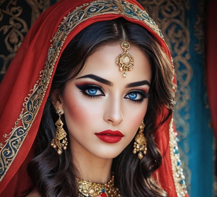 Stunning Arabic Woman with Blue Eyes and Red Lipstick