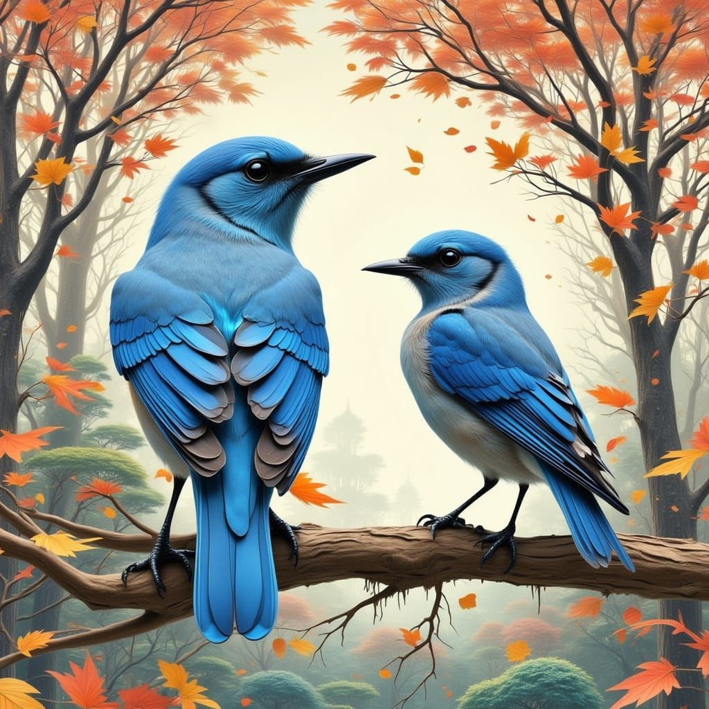 Blue Jays on Branch in Whimsical Geometric Style