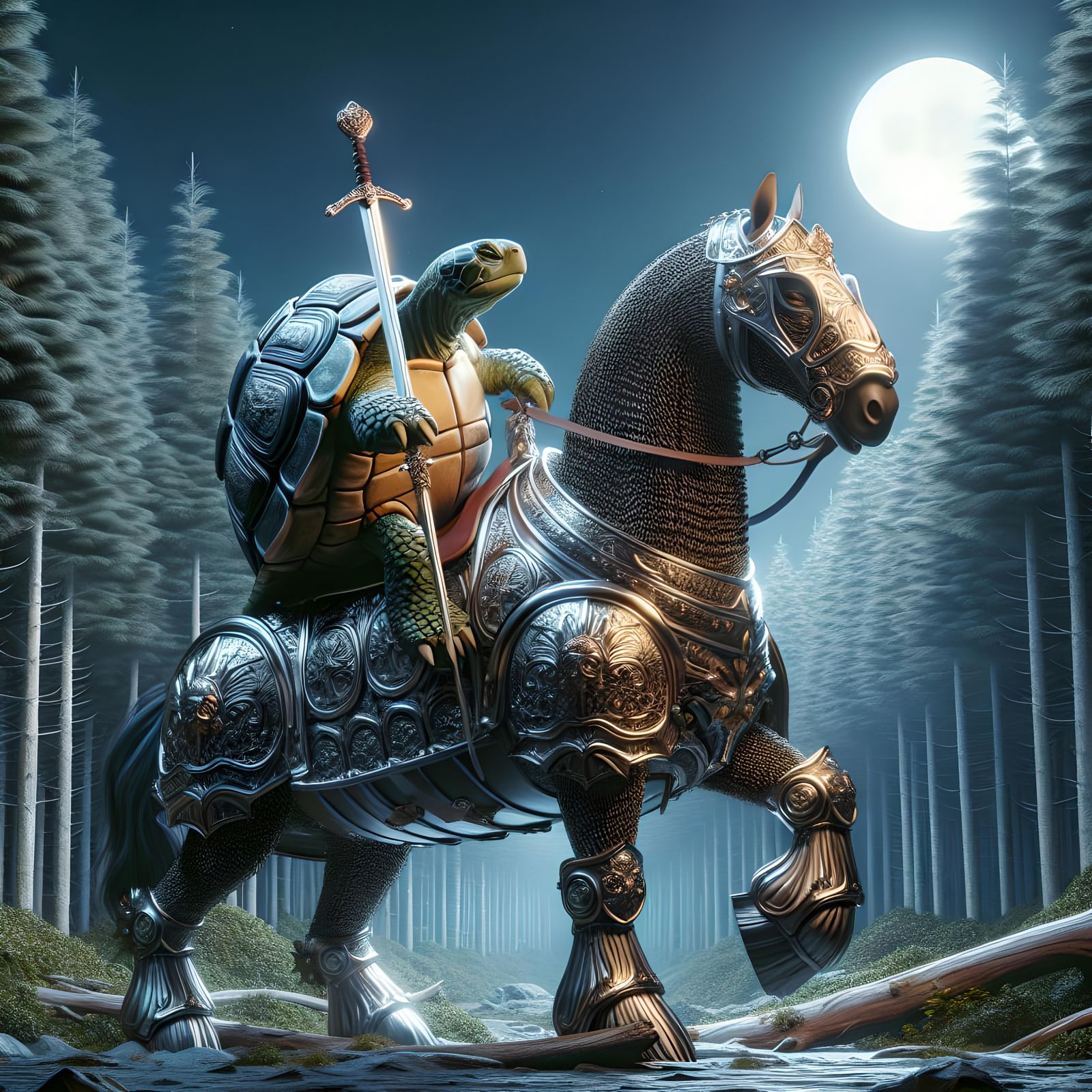 Armored Turtle Knight on War Horse in Moonlight