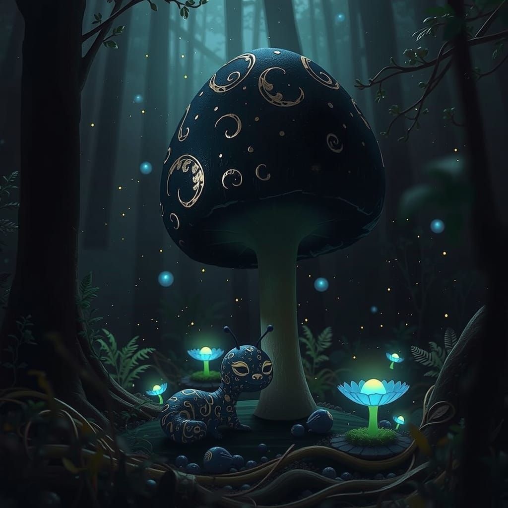 Whimsical Chibi Caterpillar Under Glowing Mushroom