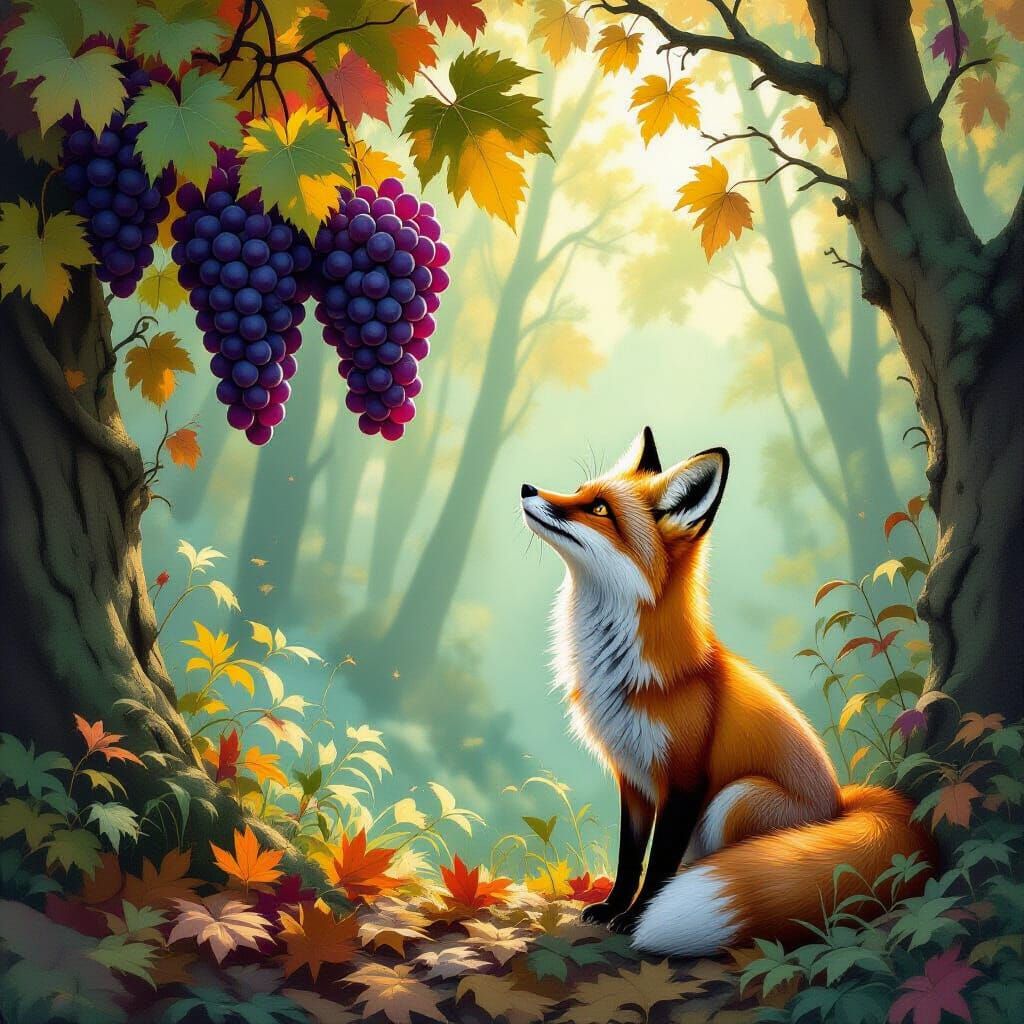 Hungry Fox Spots Purple Grapes in Enchanted Forest