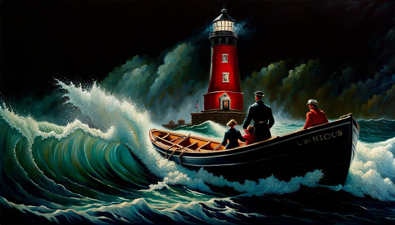 Family Escapes Storm Near Lighthouse: Oil Painting