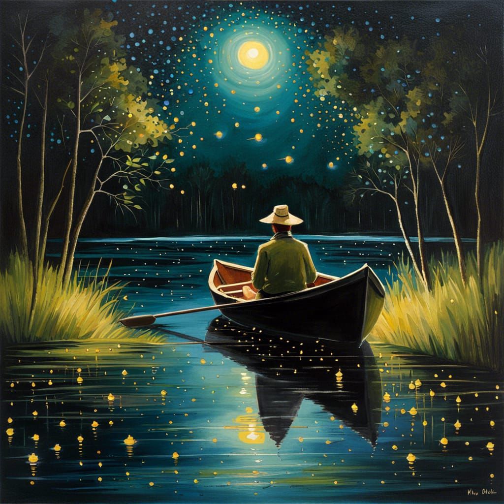 Fisherman in Firefly Light, Mixed-Media Collage