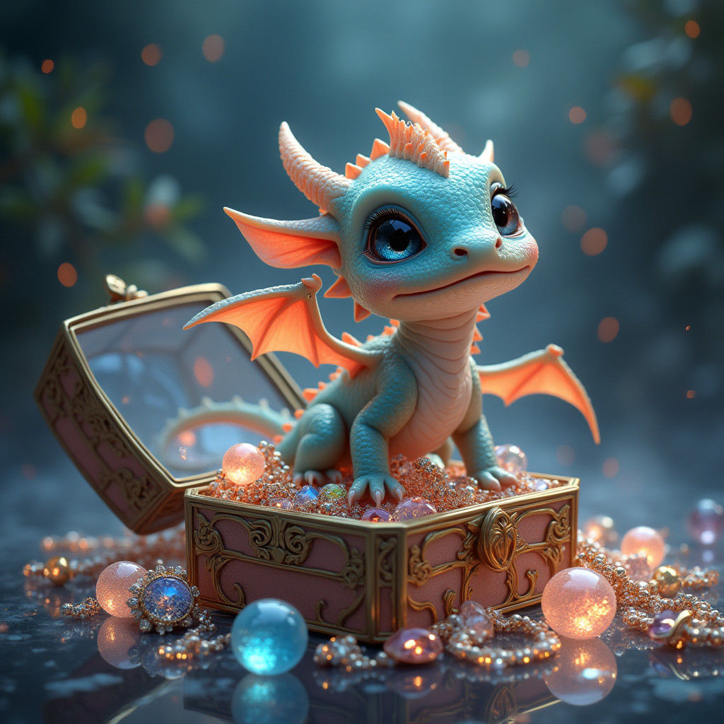 Baby Dragon with Glowing Jewelry, Matte Painting Style