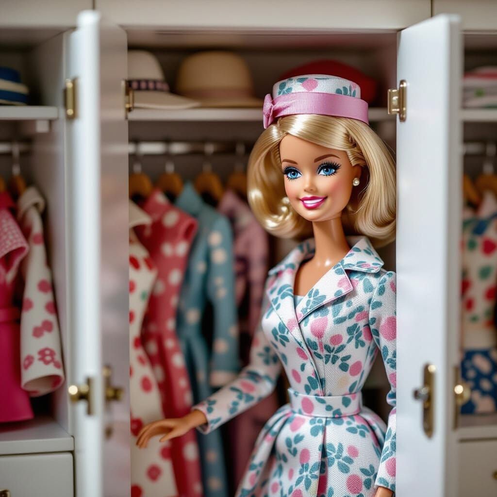 1965 Barbie Doll Inspects Miniature Vintage Closet