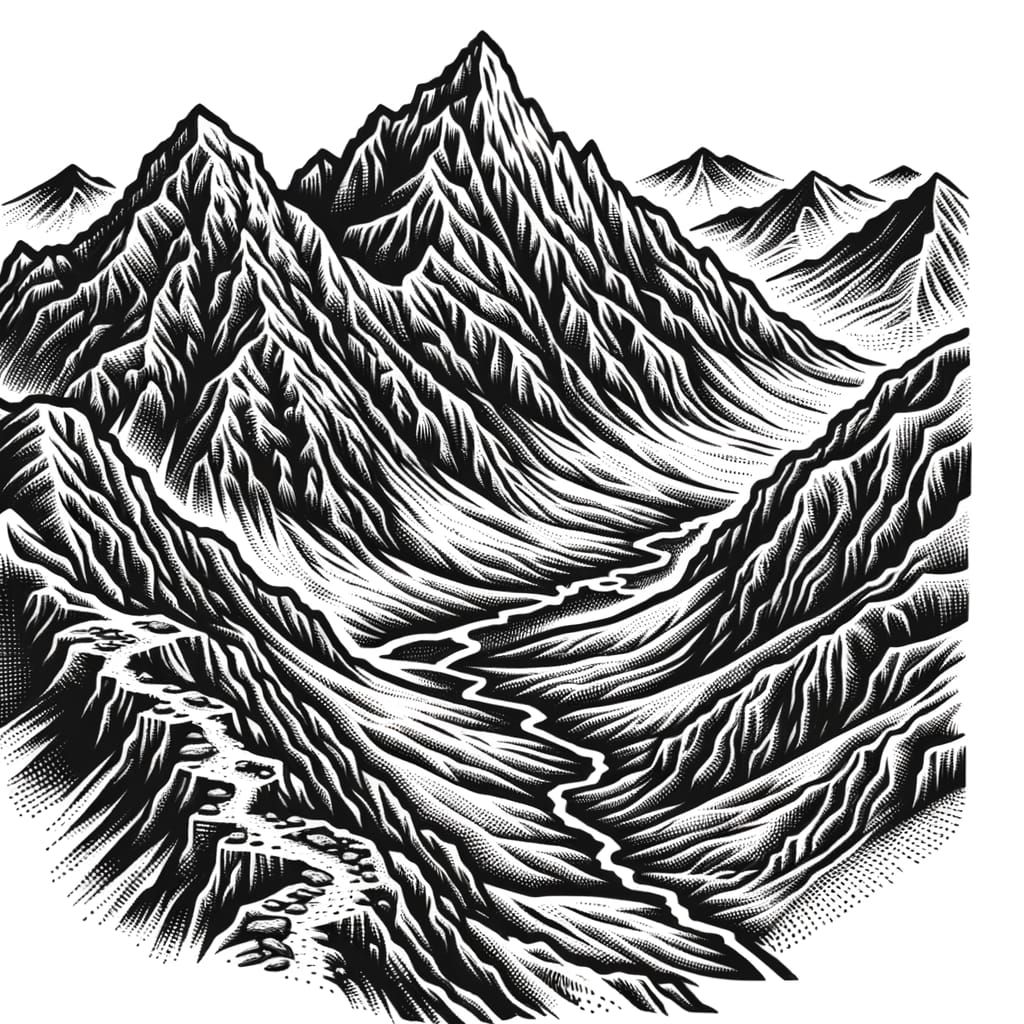 Rugged Mountain Tattoo Design with Winding Paths