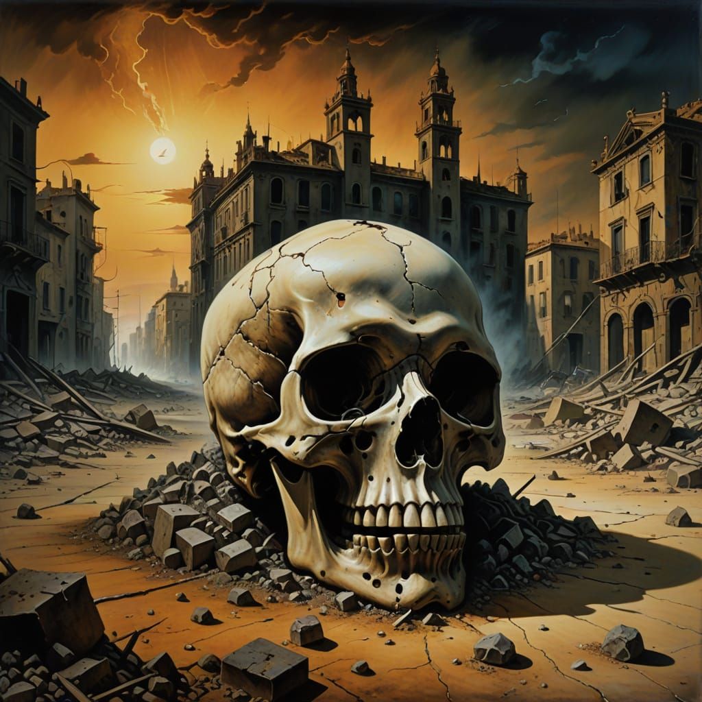 Surreal Post-Apocalyptic Scene with Kitten and Ruined Buildi...