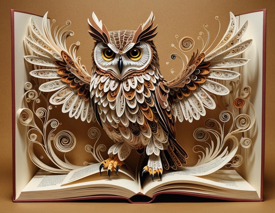 Owl Flies From Pop-Up Book with Fractal Design