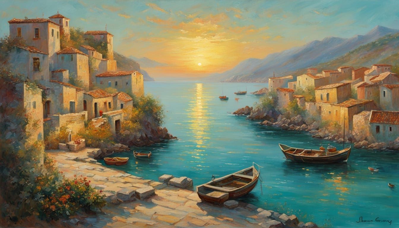 Mediterranean Fishing Village at Daybreak, Oil Painting