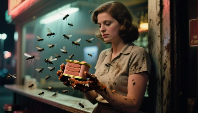 1970s Photo: Woman with Spam-Covered Hands Outside Bar