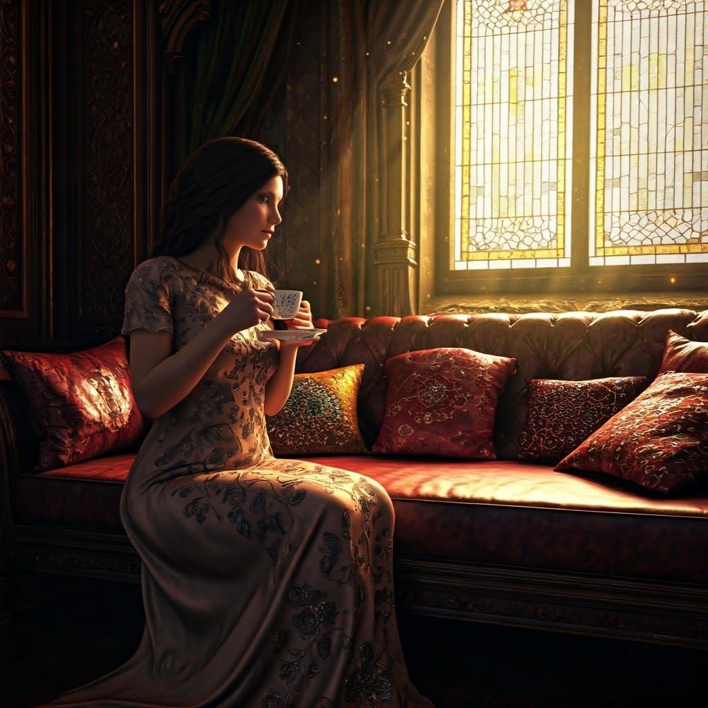 Elegant Woman Sips Tea in Opulent Setting