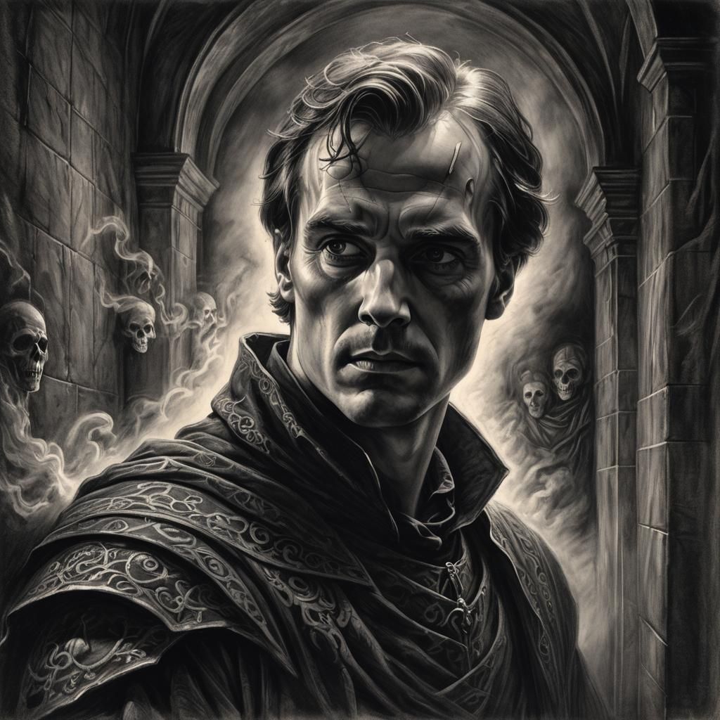 Eerie Charcoal Drawing: Hamlet and Ghostly Father