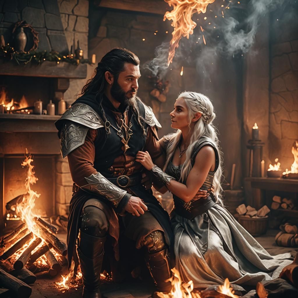 Intimate Elf Couple by Firelight: Cinematic Film Still