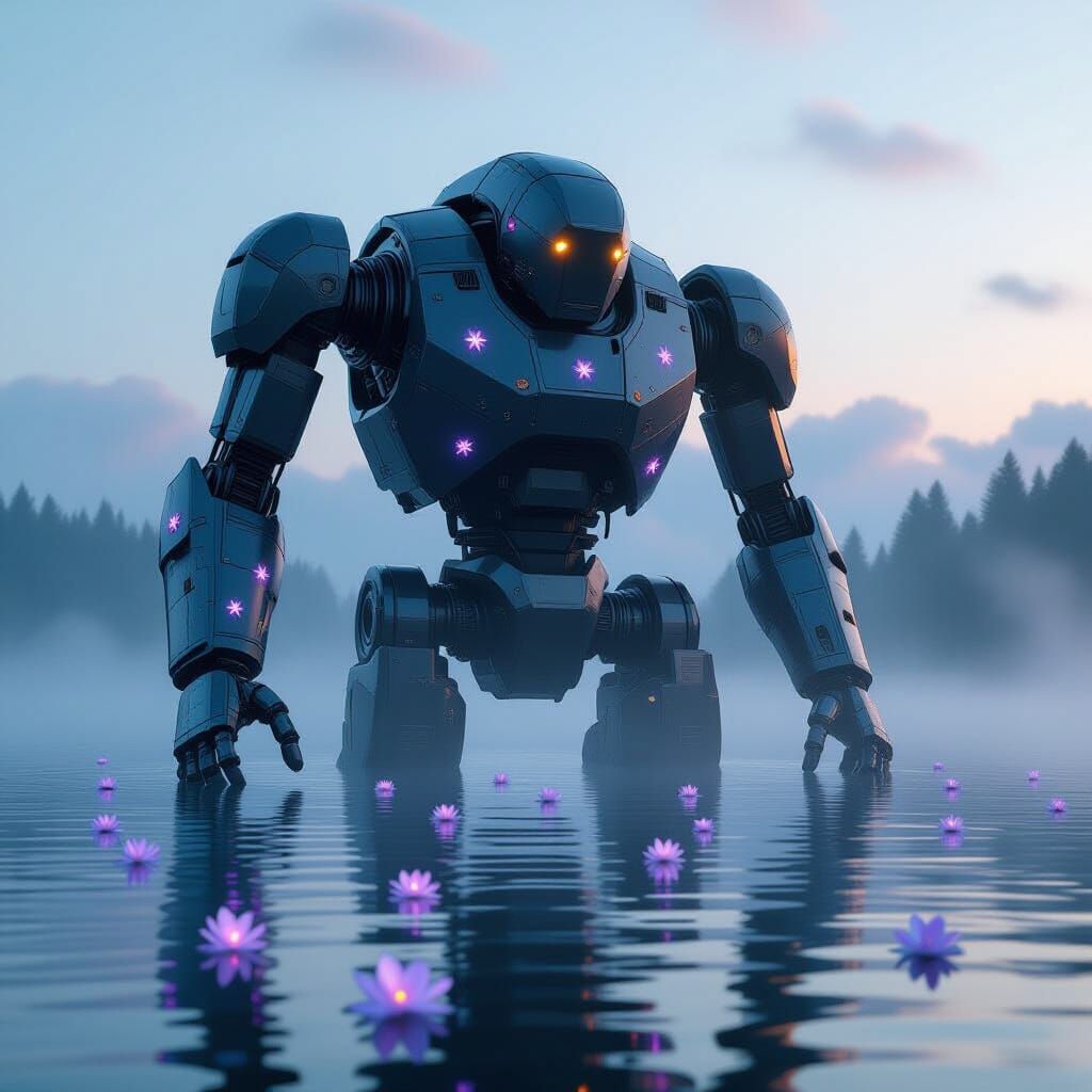 Ancient Robot in Misty Lake at Dawn, Hyperrealistic