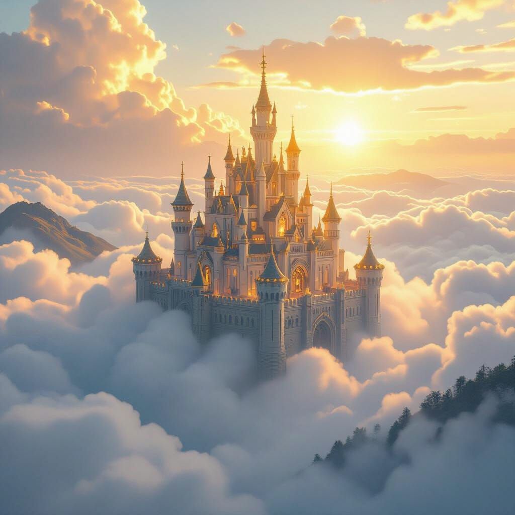 Majestic Floating Castle in Golden Light, Epic Fantasy Art